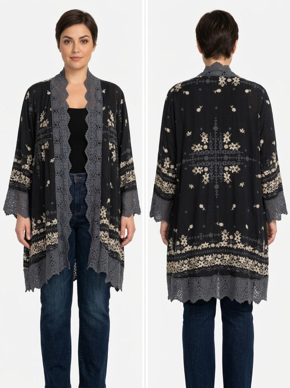 Johnny Was Black Floral Knit Lace Trim Embroidered Kimono Women Size XL - Picture 1 of 12